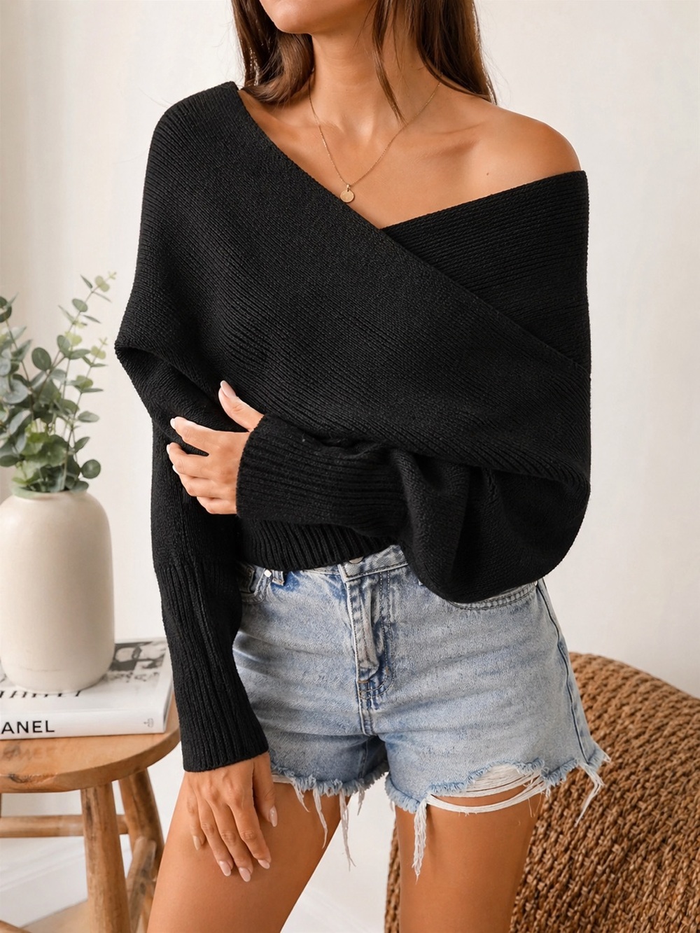 Off-Shoulder Black Sweater Wrap Black